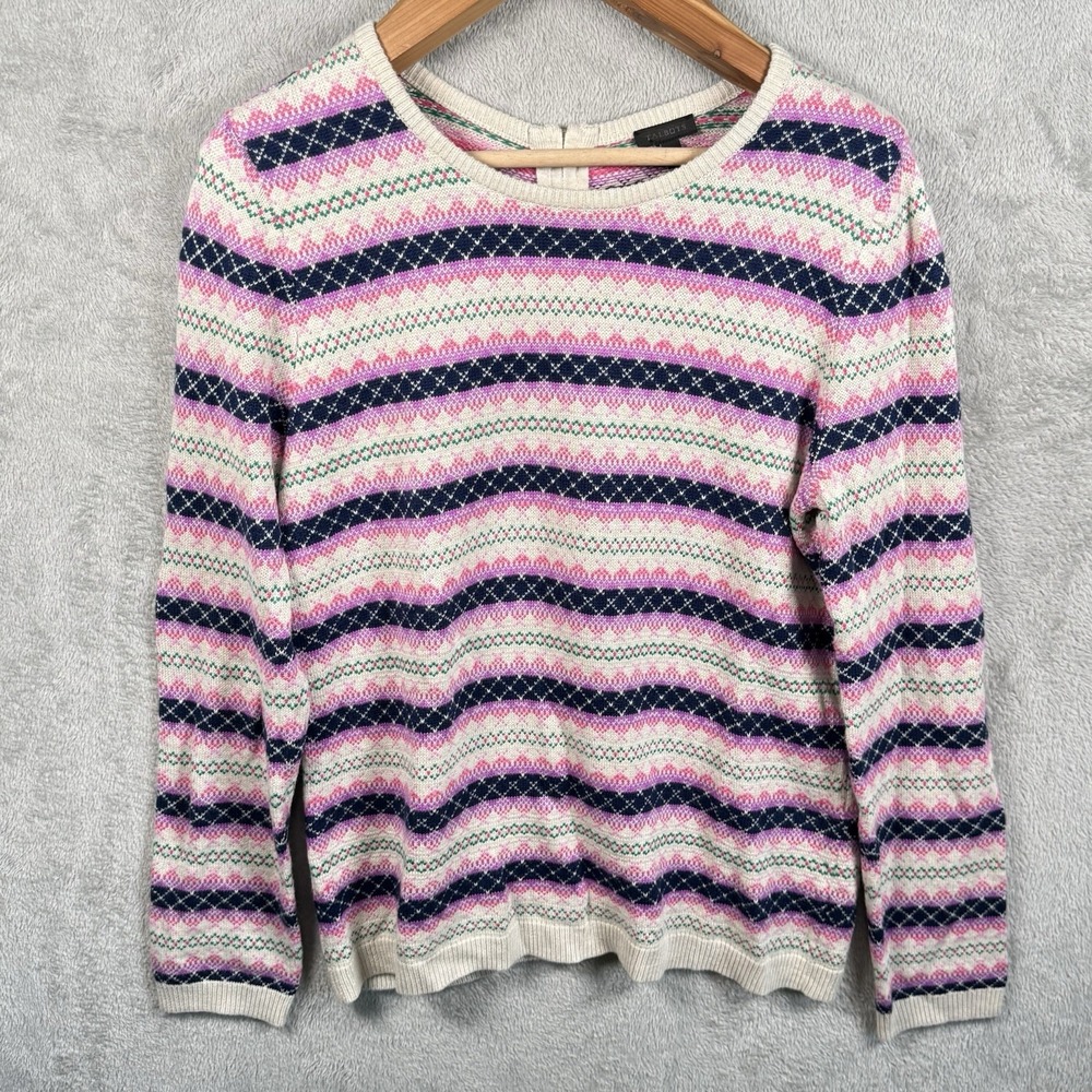 Talbots Fair Isle Zip Back Sweater Size L Pink Green Striped Crewneck Casual